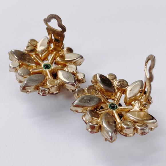 VTG 1950s Clip On Earrings AB Rhinestone Moonglow Frosted Glass Floral Jewelry - Picture 8 of 11